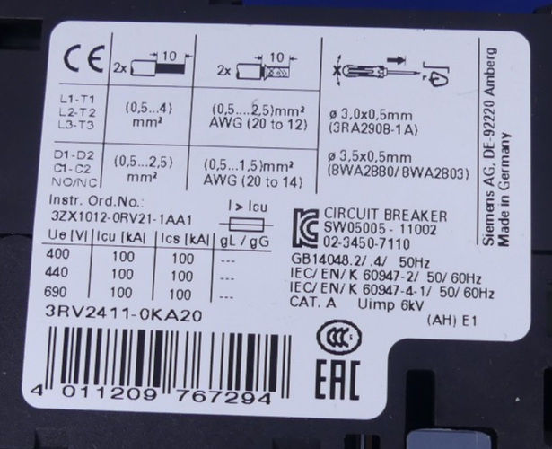Siemens Sirius 3RV2411-0KA20 Leistungsschalter