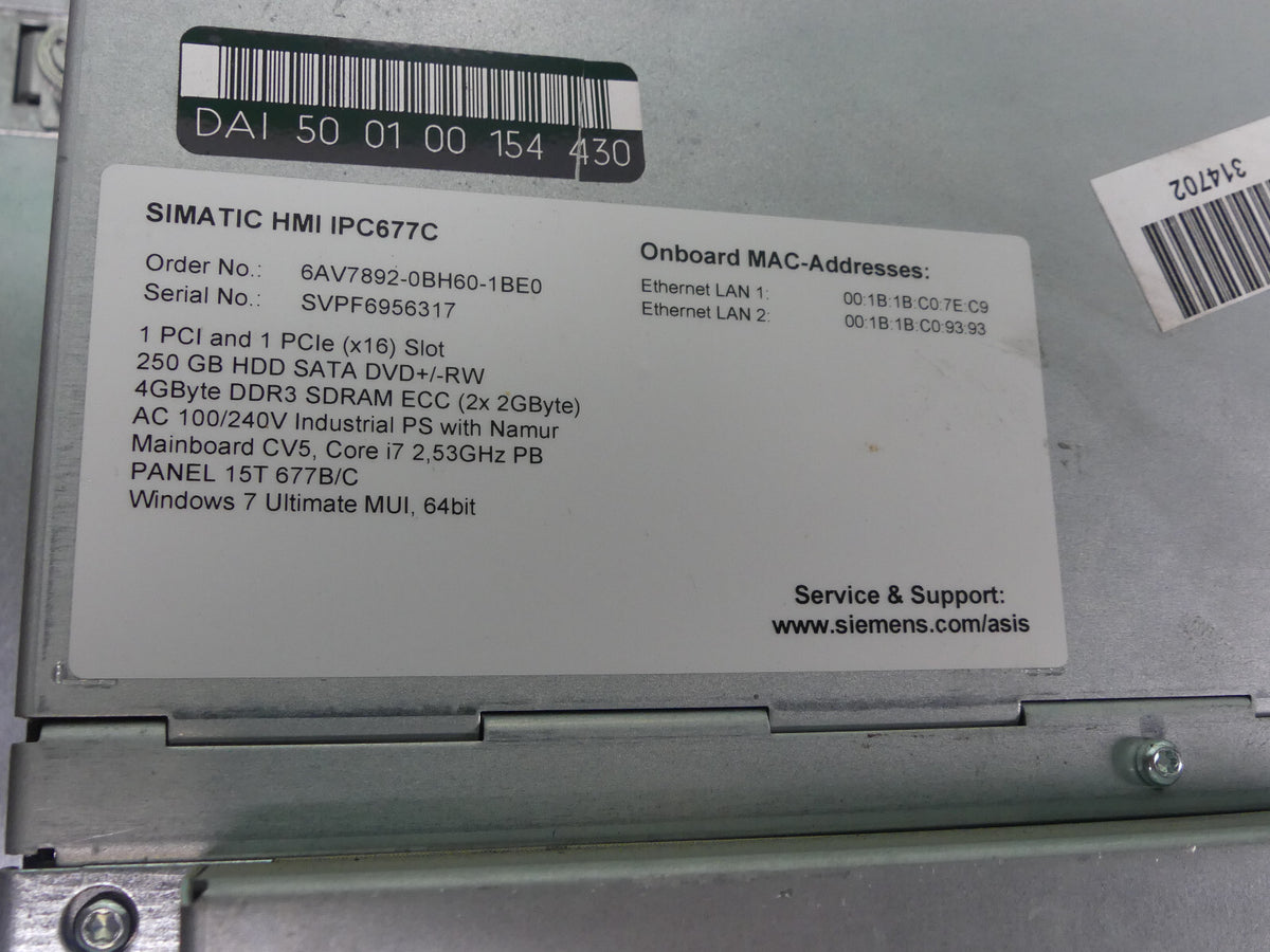 Siemens 6AV7892-0BH60-1BE0  SIMATIC HMI IPC677C  PANEL PC