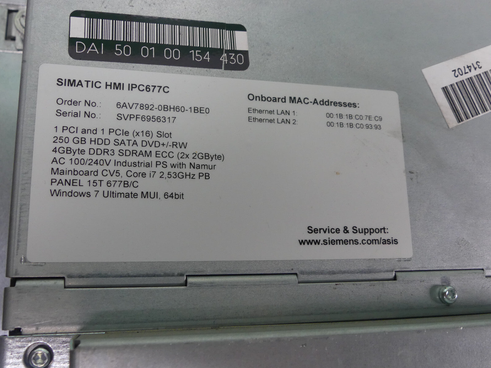 Siemens 6AV7892-0BH60-1BE0  SIMATIC HMI IPC677C  PANEL PC
