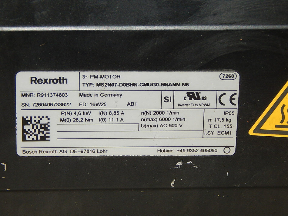 Rexroth  3~PM Motor MS2N07-D0BHN-CMUG0-NNANN-NN used