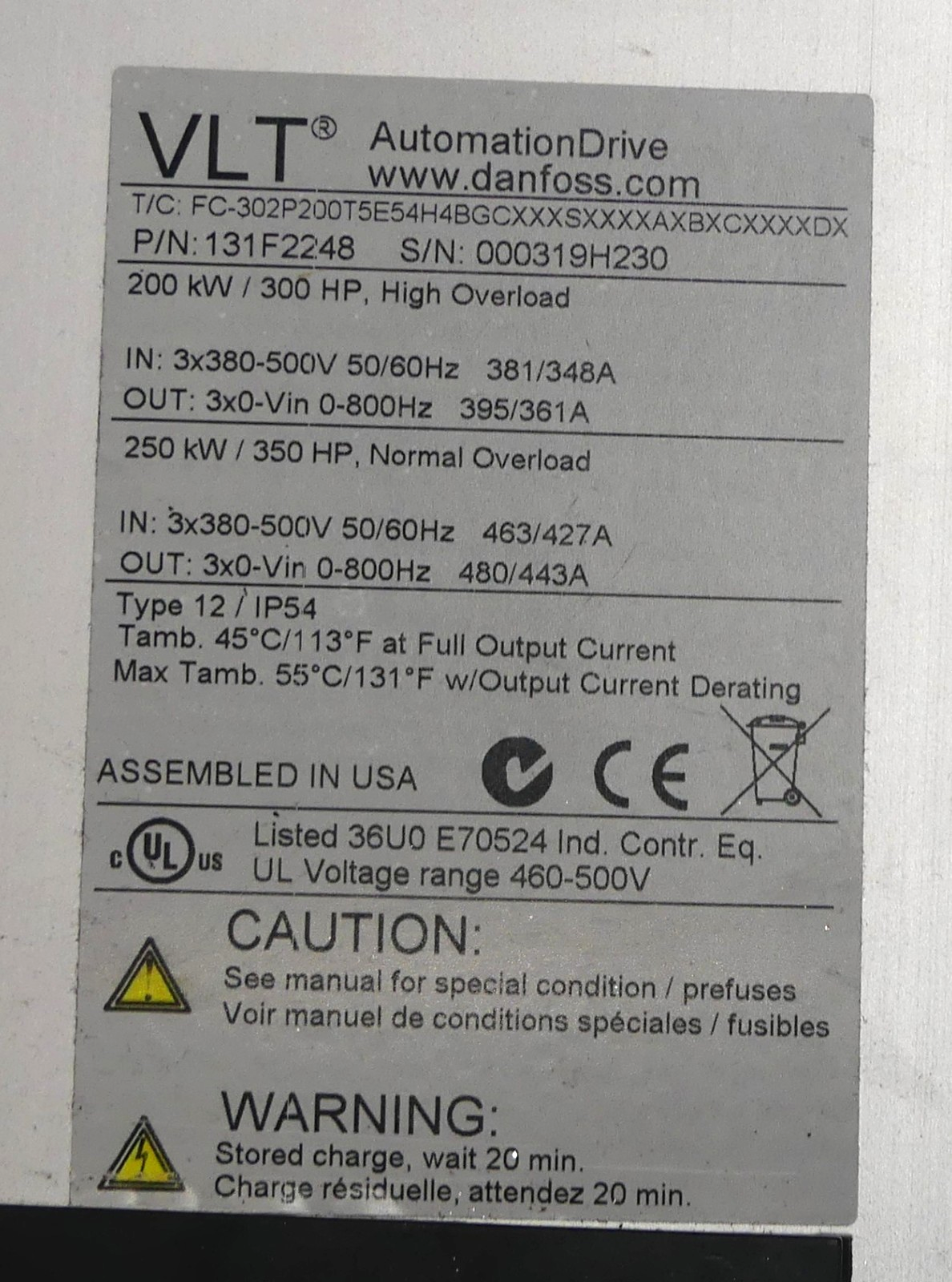 VLT danfoss T/C: FC-302P200T5E54H4BGCXXXSXXXXAXBXCXXXXDX