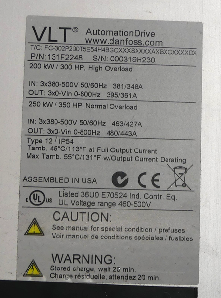 VLT danfoss T/C: FC-302P200T5E54H4BGCXXXSXXXXAXBXCXXXXDX