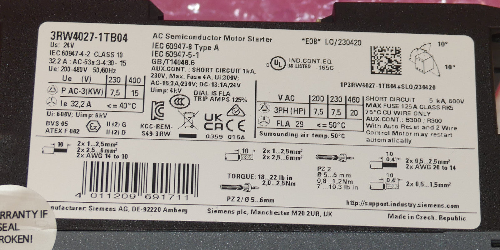Siemens 3RW4027-1TB04 / 3RW4 027-1TB04 SIRIUS Sanftstarter 15KW 32,2A OVP