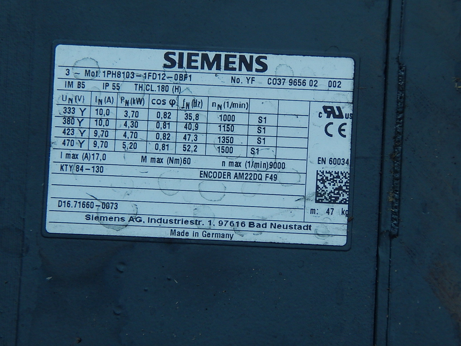 Siemens 3~Motor Servomotor 1PH8103-1FD12-0BF1 Used