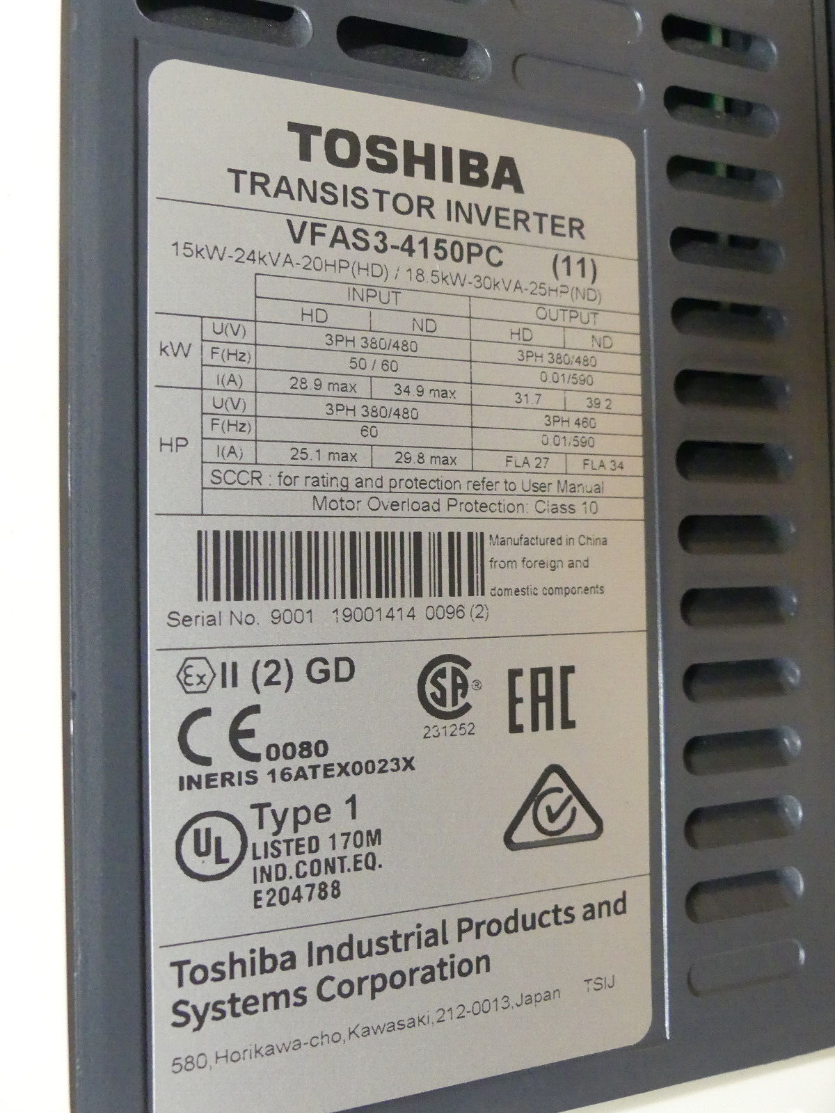 TOSHIBA INVERTER VFAS3-4150PC 15KW-24KVA