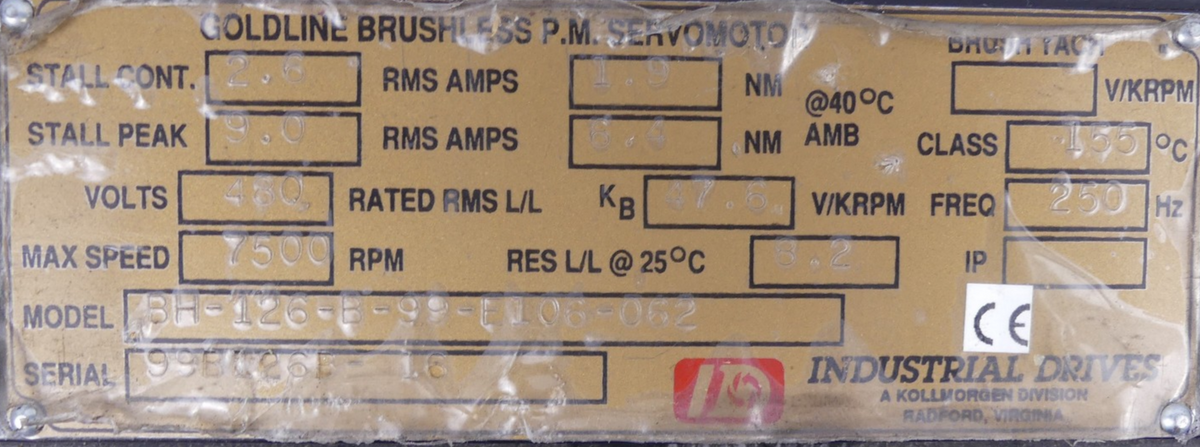 Kollmorgen Goldline Brushless P.M.Servomotor BH-126-B-99-E106-062