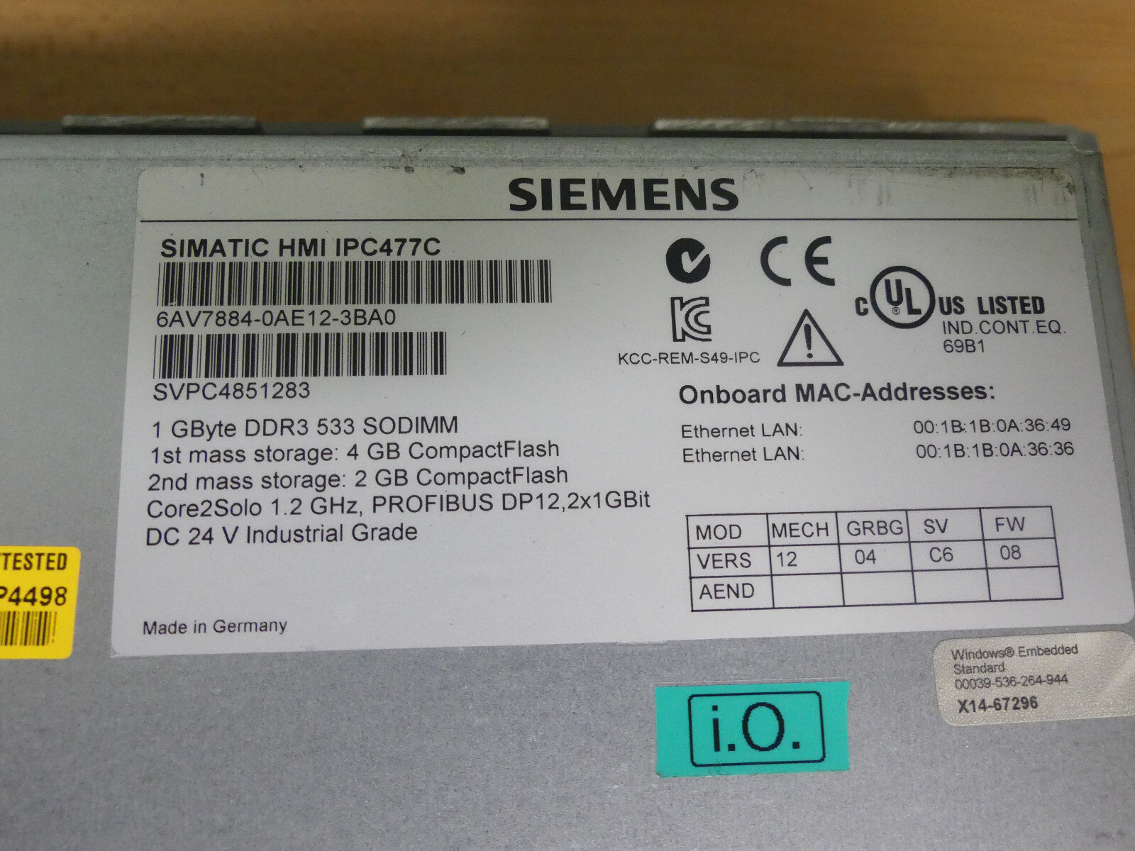 siemens  Simatic HMI ipc 477c  6av7884-0ae12-3ba0
