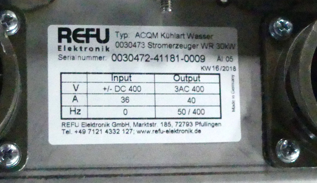 REFU ELETRONIK ACQM Kuhlart Wasser 030473 STROMERZEUGER WR 30KW s.Bilder