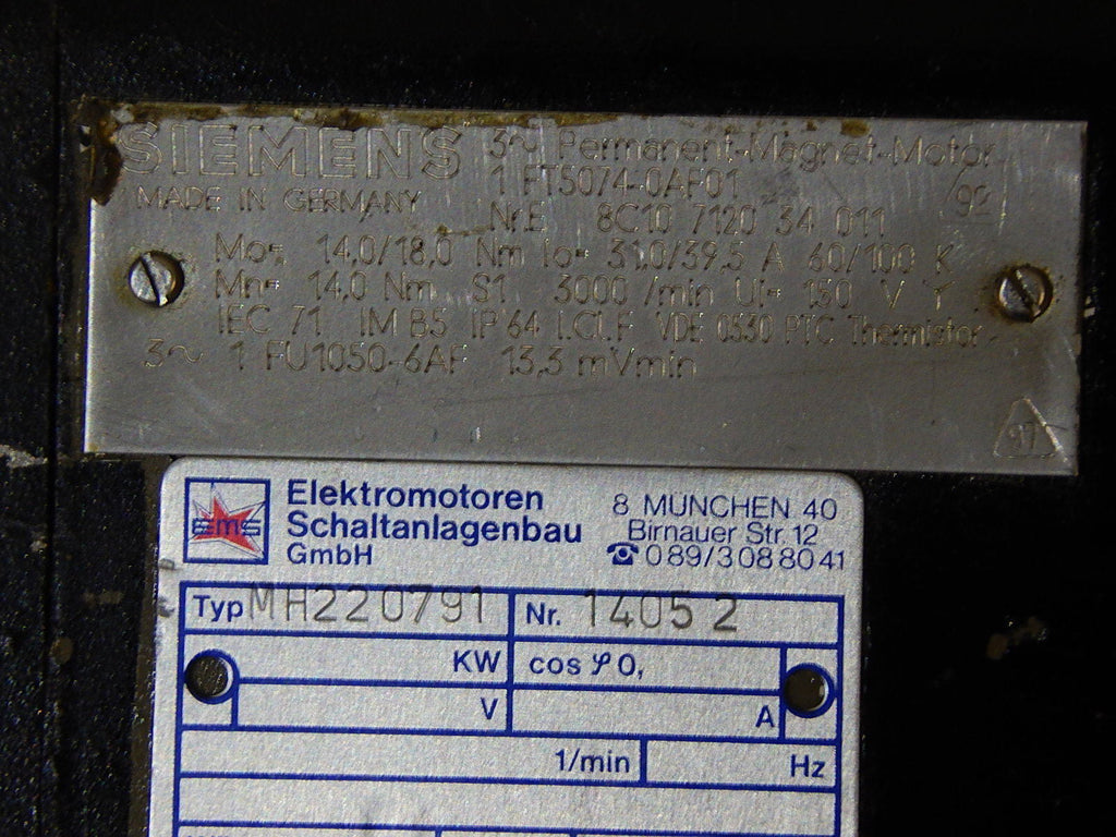 SIEMENS Perm. Magn. Mot. 1 FT 5074-0AF01 Used