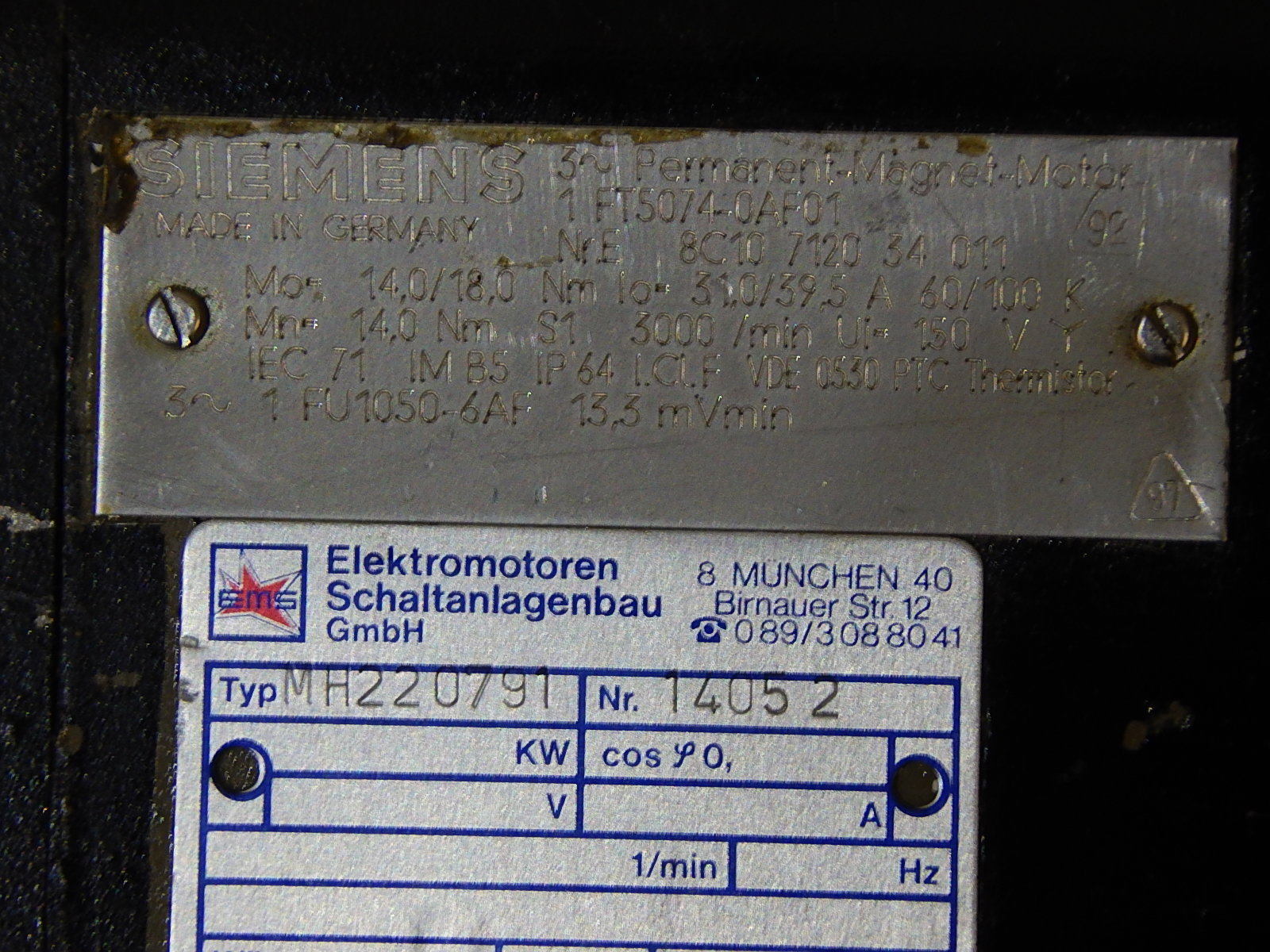 SIEMENS Perm. Magn. Mot. 1 FT 5074-0AF01 Used