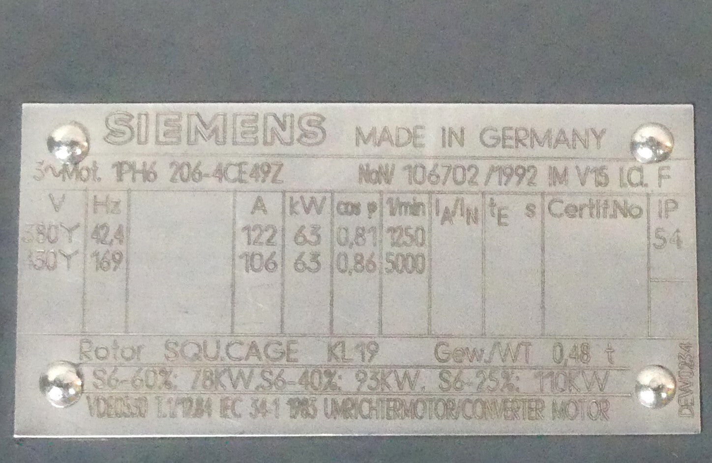 Siemens Spindelmotor 1PH6 206-4CE49Z    1PH6206-4CE49Z