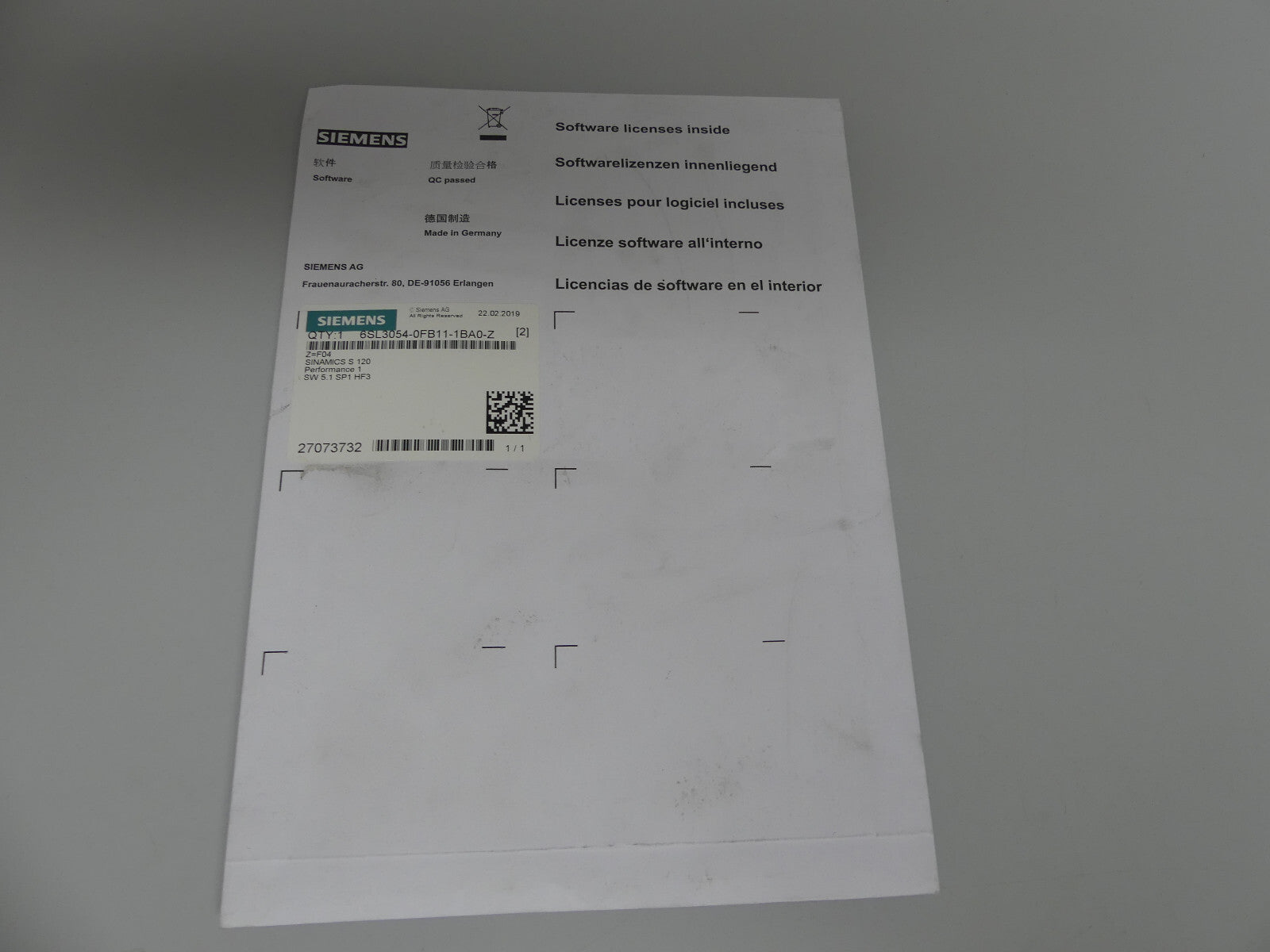 Siemens 6SL3054-OFB11-1BA0-Z Softwarelizenzen