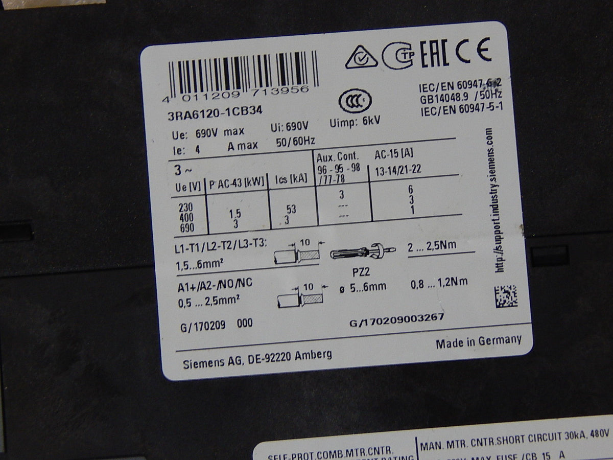 Siemens Sirius 3RA6120-1CB34  Kompaktabzweig 690V Used