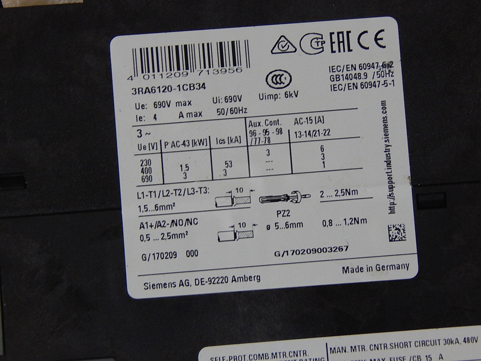 Siemens Sirius 3RA6120-1CB34  Kompaktabzweig 690V Used