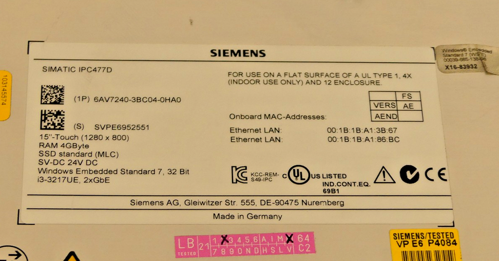 SIEMENS SIMATIC IPC477D 6AV7240-3BC04-0HA0