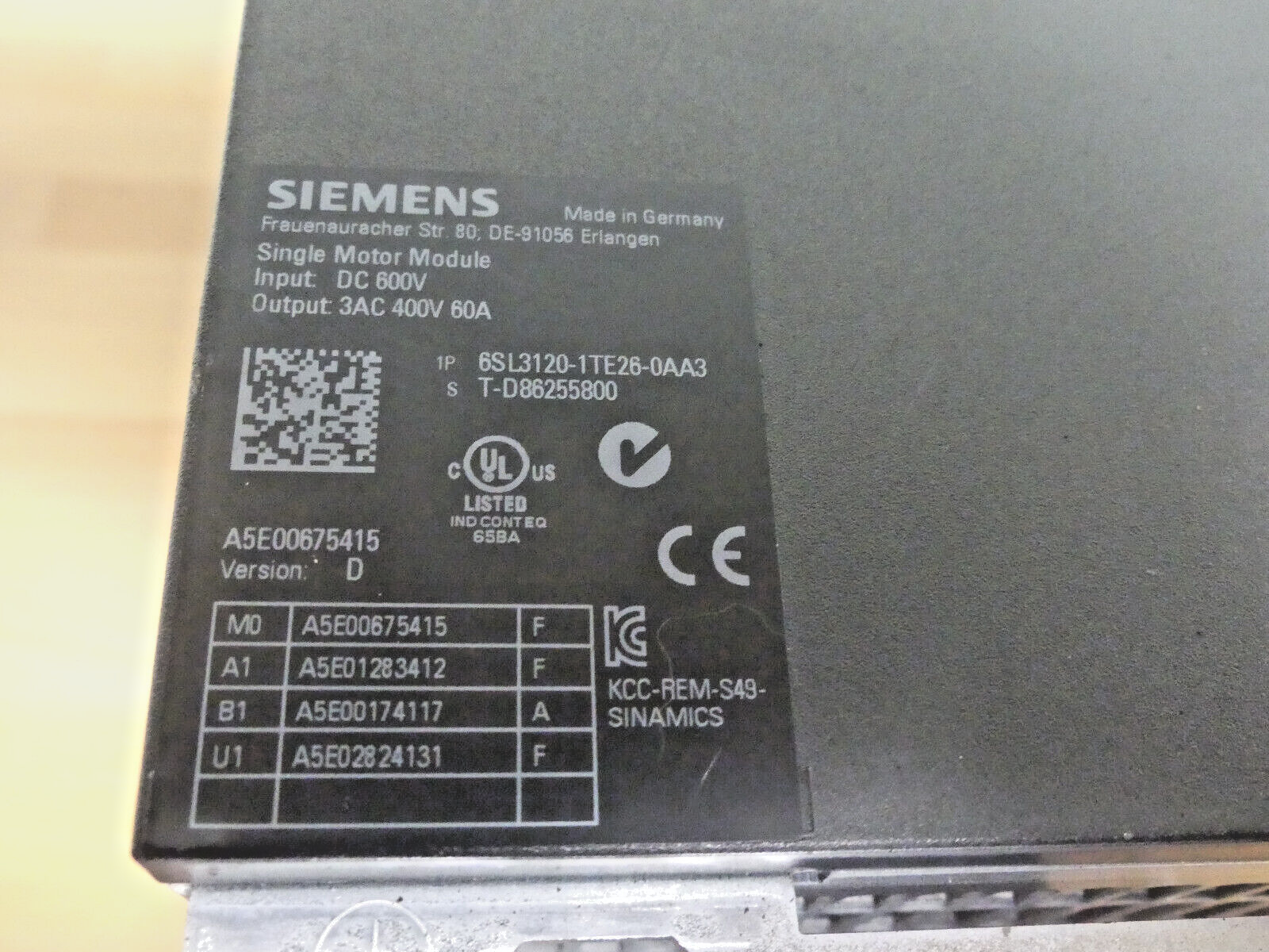 Siemens 6SL3120-1TE26-0AA3    6SL31201TE260AA3 used version: D s.Bilder