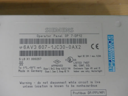 SIEMENS OPERATOR PANEL OP7/DP12  6AV3607-1JC30-0AX2