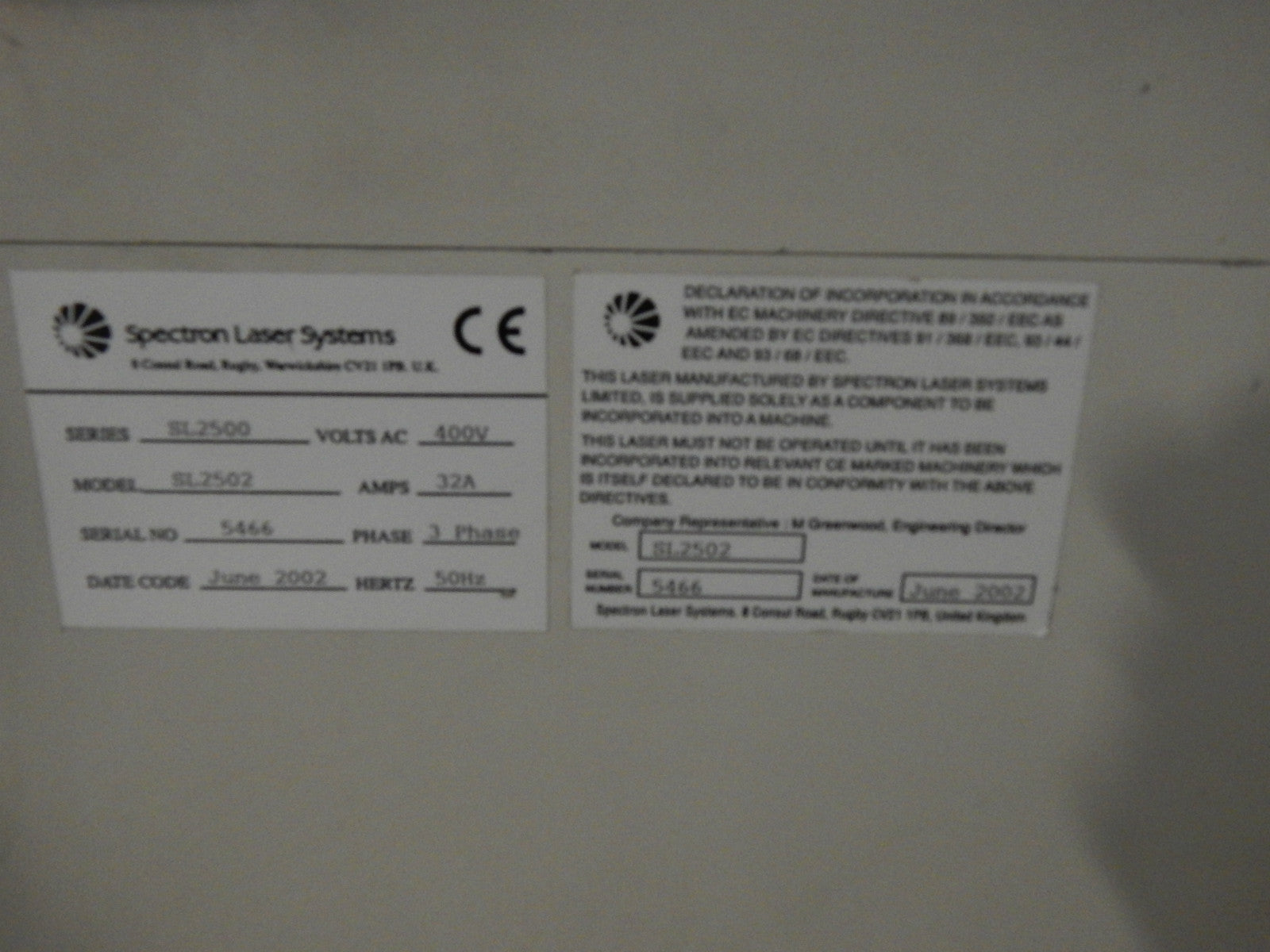 Spectron Laser System SL 2500 Series Model SL2502 32A
