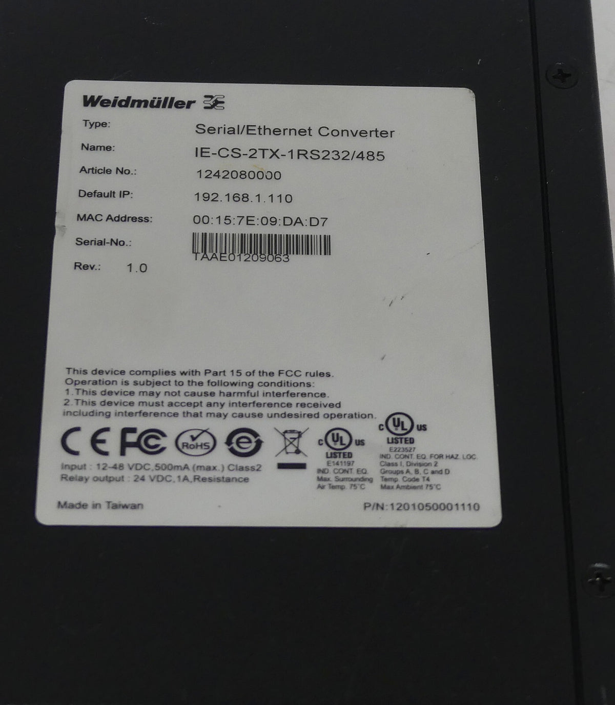 Weidmüller Serial/Ethernet Converter IE-CS-2TX-1RS232/485