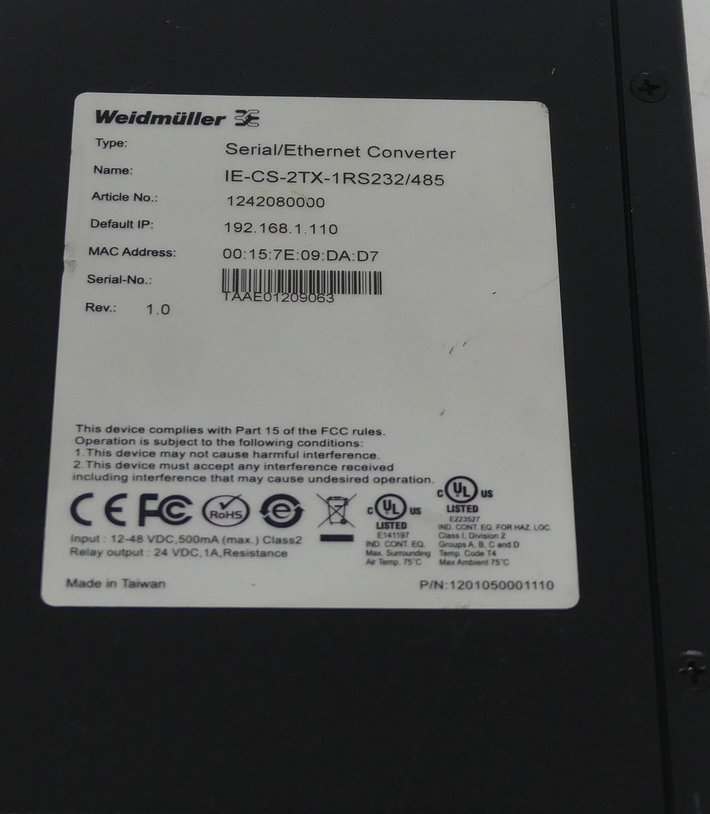 Weidmüller Serial/Ethernet Converter IE-CS-2TX-1RS232/485