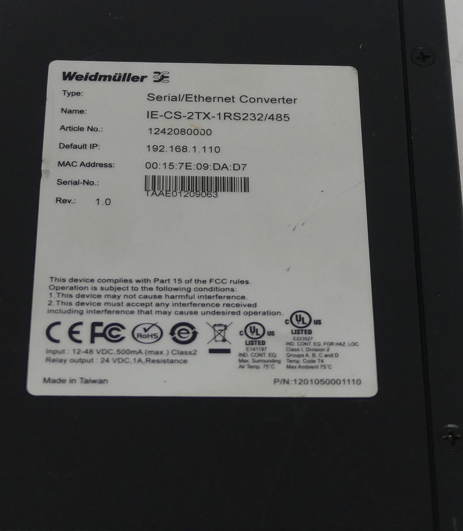 Weidmüller Serial/Ethernet Converter IE-CS-2TX-1RS232/485