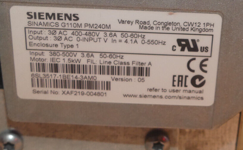 SIEMENS G110M 6SL3517-1BE14-3AM0+ MLFB.6SL3544-0TB02-1FA0