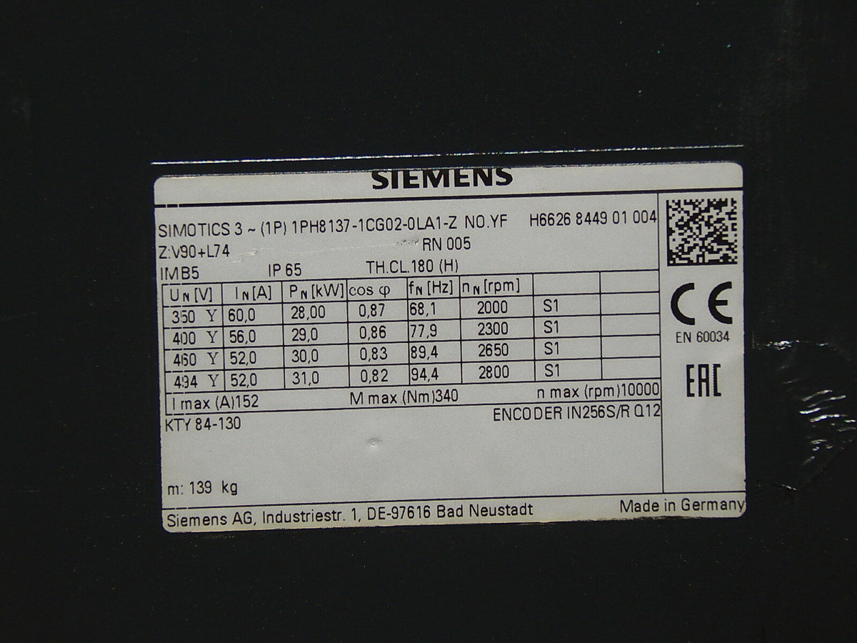  Siemens Simotics 3~ 1PH8137-1CG02-0LA1-Z  No.YF  Asynchron Motor used