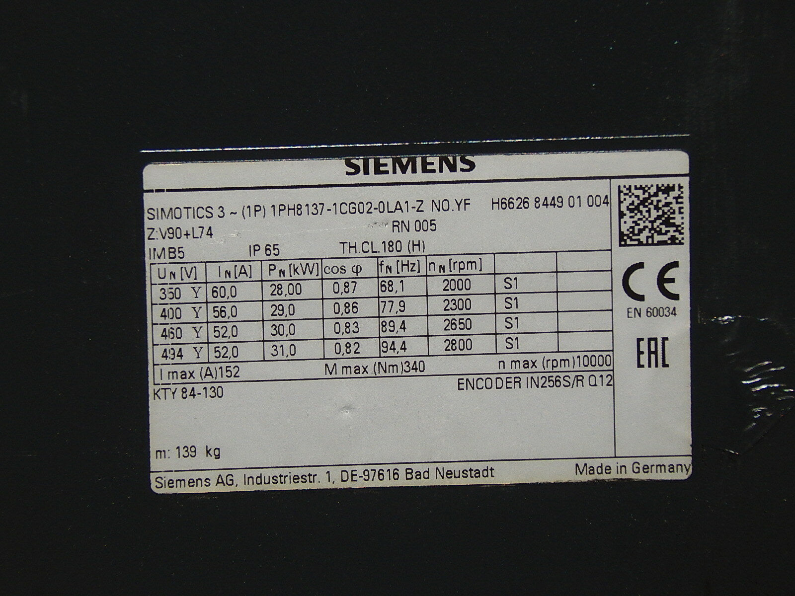  Siemens Simotics 3~ 1PH8137-1CG02-0LA1-Z  No.YF  Asynchron Motor used