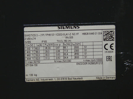  Siemens Simotics 3~ 1PH8137-1CG02-0LA1-Z  No.YF  Asynchron Motor used