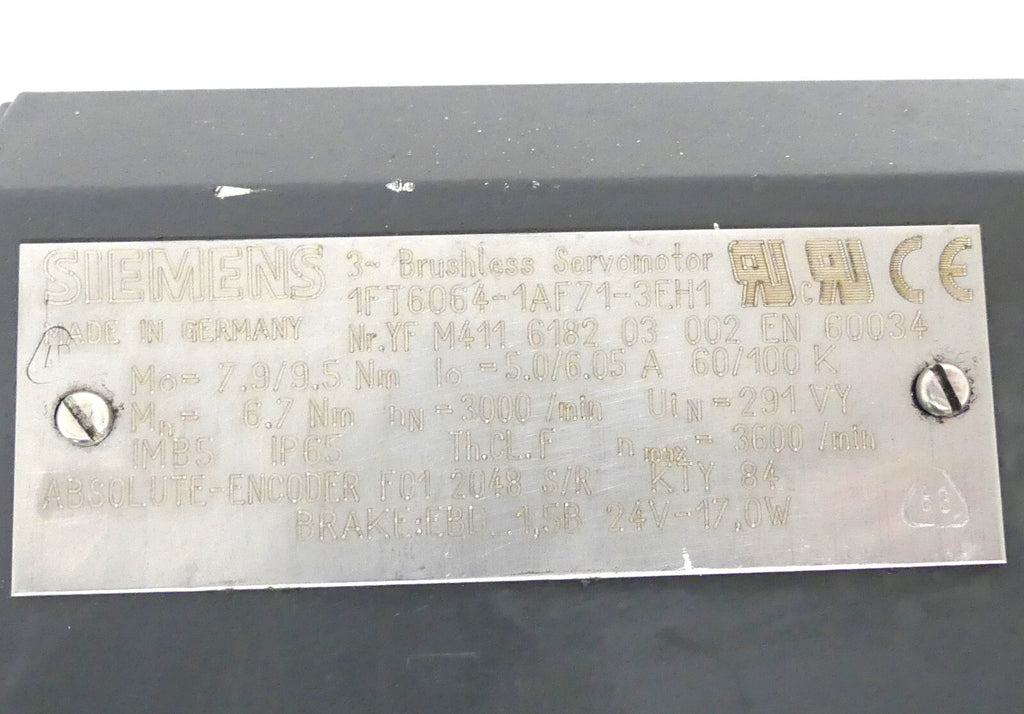 Siemens 1FT6064-1AF71-3EH1 Servomotor + Encoder + Brake
