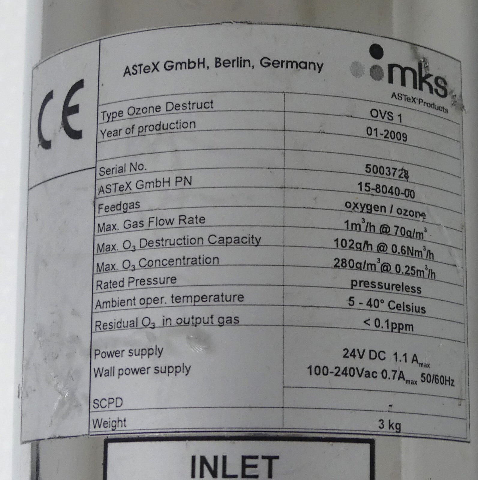 Mks Astex Ozone Gas Destruct Unit  ovs 1   ovs1