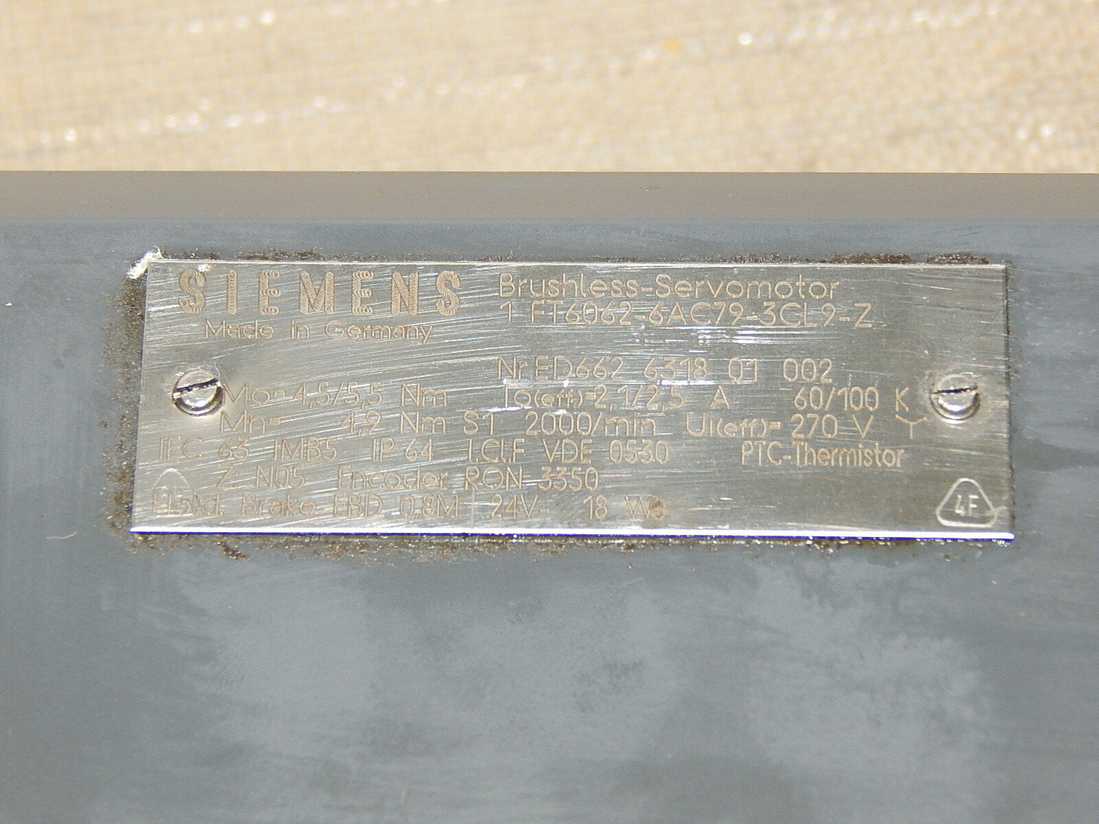 Siemens Brushless Servomotor 1FT6062-6AC79-3CL9-Z  Used