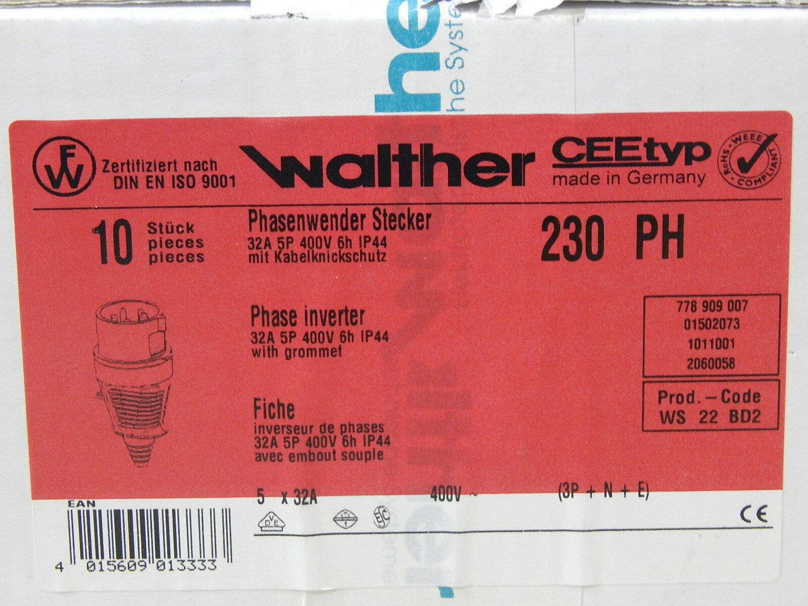 10x Walther Phasenwender Stecker 32 A 5P 400 V 6 h IP44// WS 22 BD2 OVP