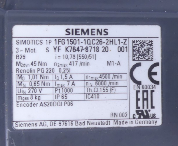 Siemens Simotics 1P Synchronservomotor 1FG1501 1QC26-2HL1-2