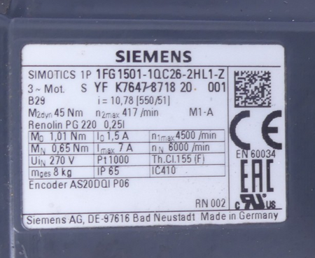 Siemens Simotics 1P Synchronservomotor 1FG1501 1QC26-2HL1-2