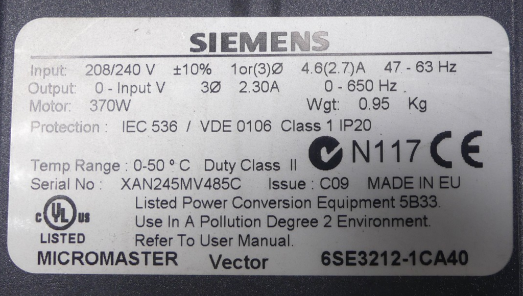 SIEMENS MICROMASTER 6SE3212-1CA40