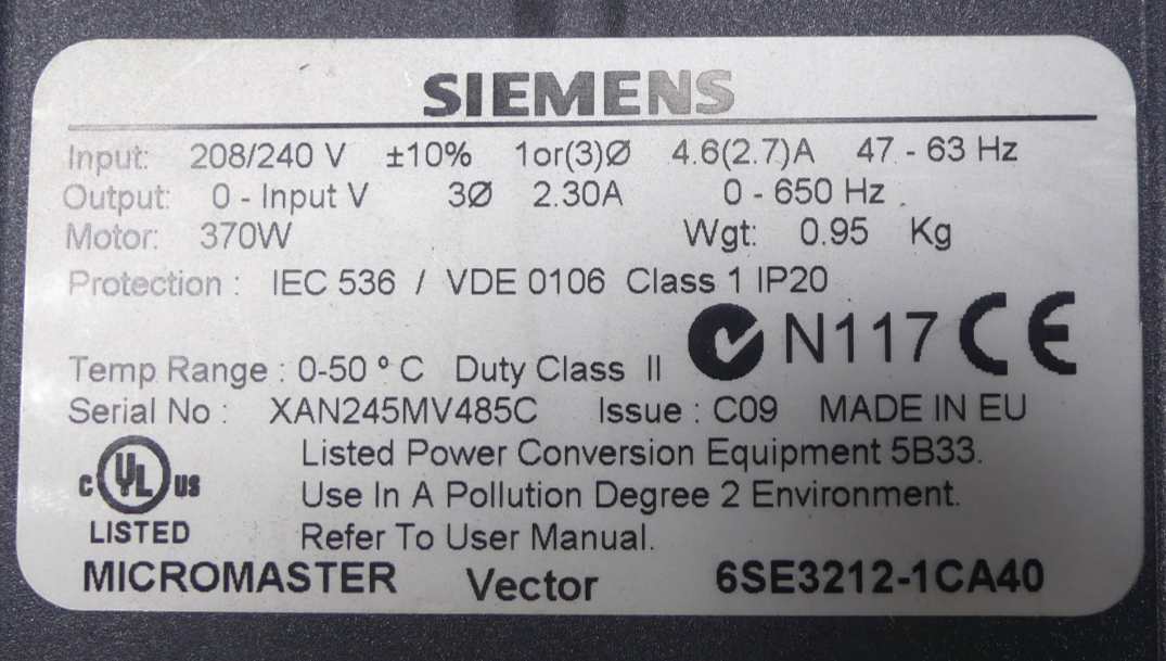 SIEMENS MICROMASTER 6SE3212-1CA40