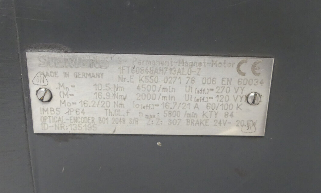 Siemens 3~Permanent Magnet Motor Synchronmotor 1FT60848AH713AL0-Z