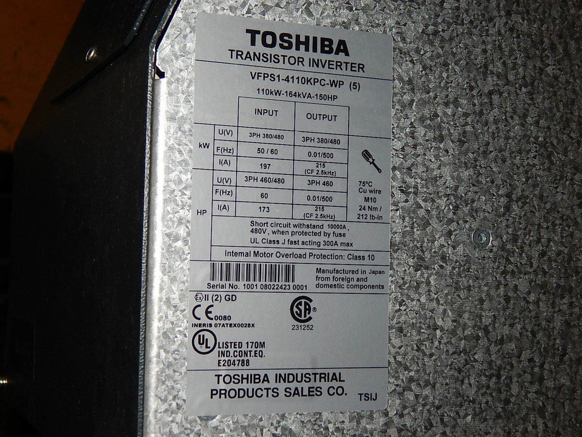 TOSHIBA Transistor Inverter VFPS1-4110KPC-WP (5) 110KW-164KVA-150HP Used