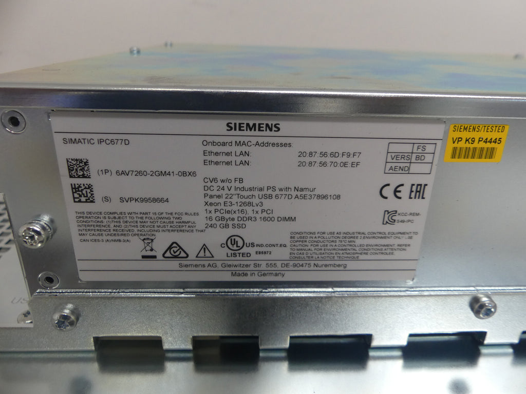 SIEMENS 6AV7260-2GM41-0BX6 SIMATIC IPC677D Panel PC A5E37896108