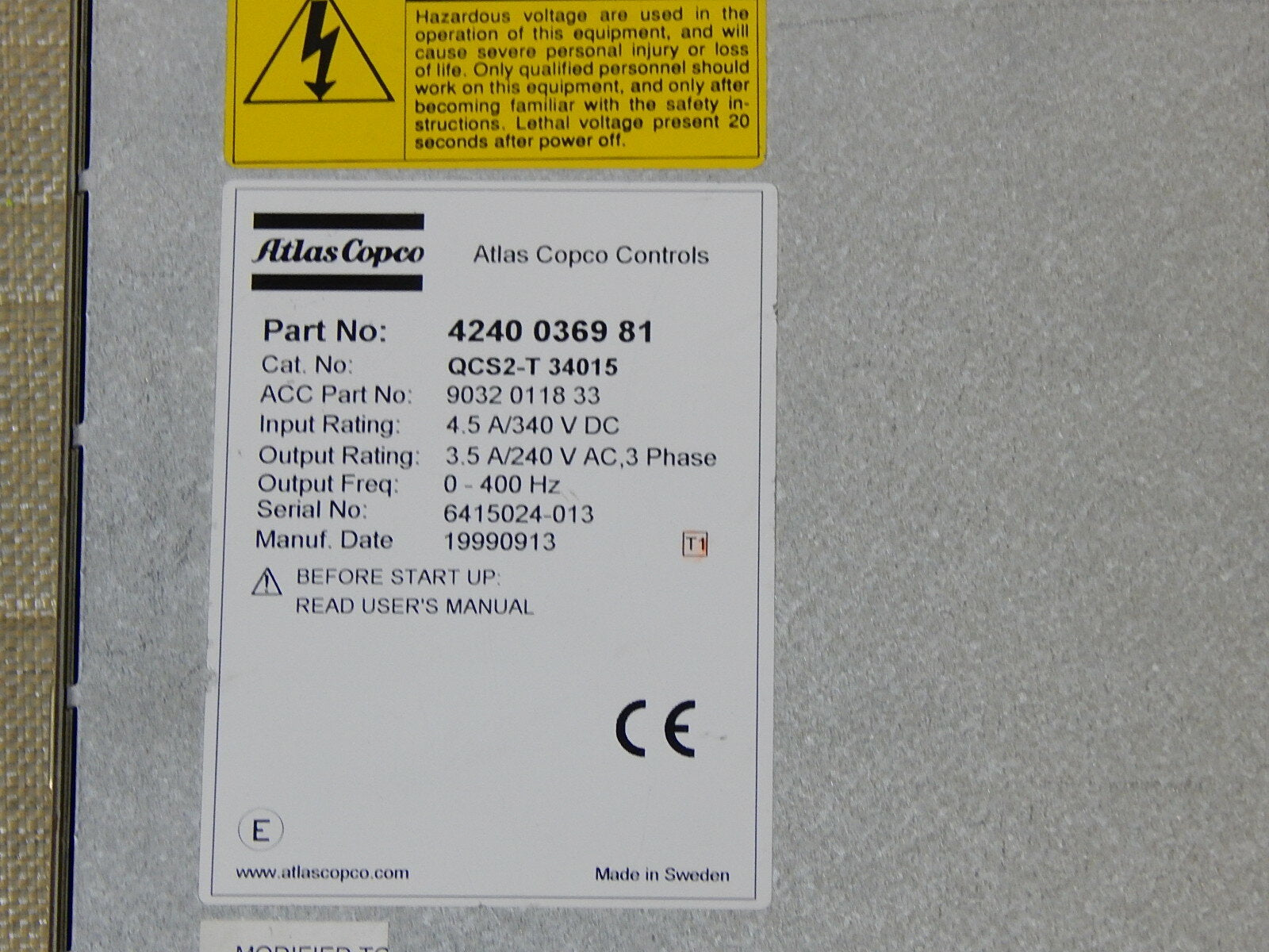  Atlas Copco QCS-T 340 15 / QCS-T34015 4240 0369 82 /4240036981 used
