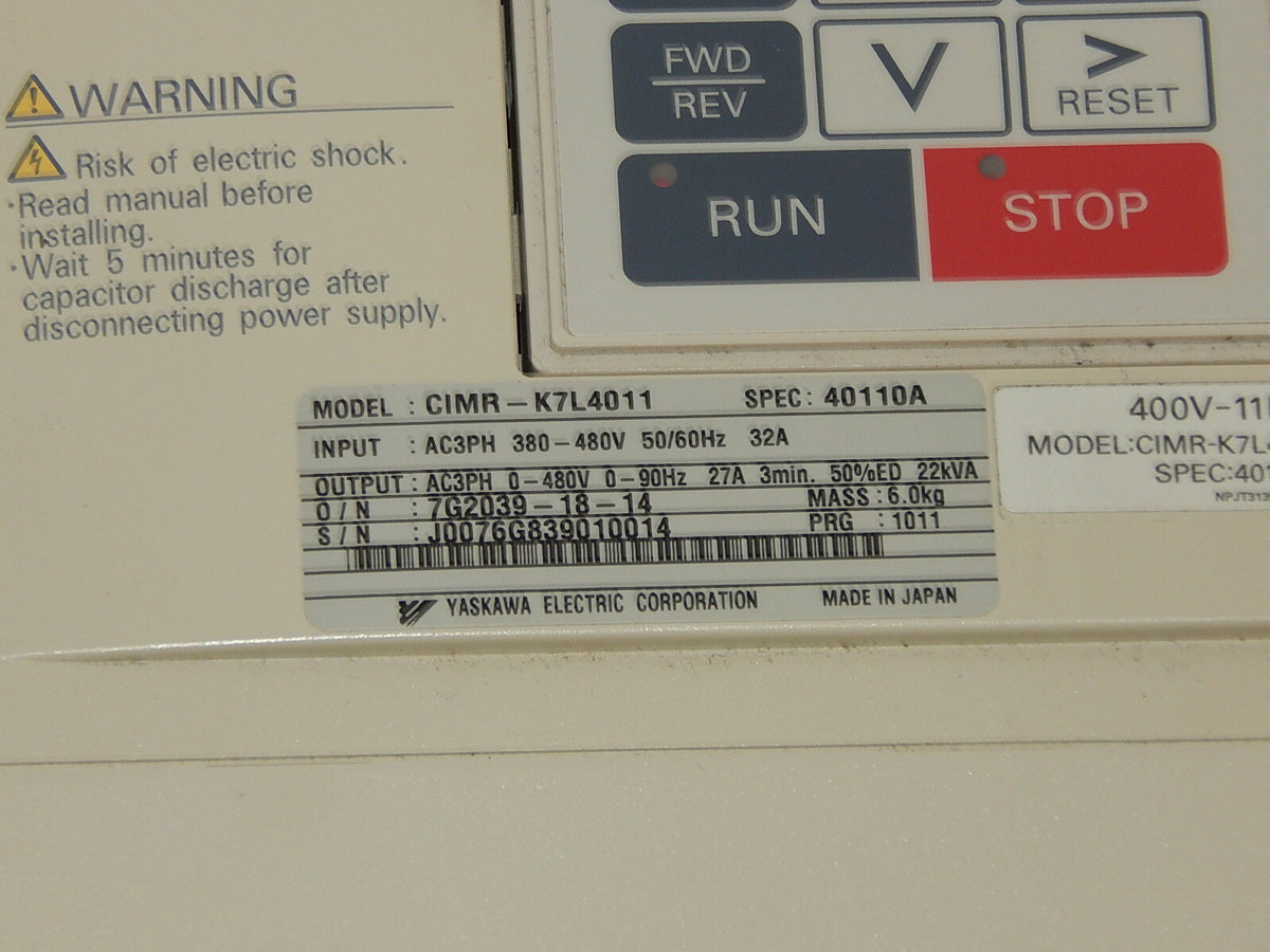  YASKAWA CIMR-K7L4011 SPEC:40110A 22 KVA FREQUENZUMRICHTER USED