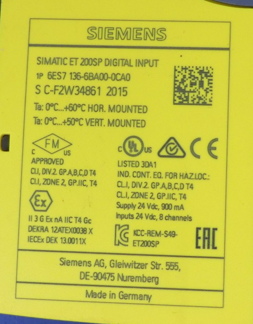 Siemens Simatic ET 200P Digital Input 6ES7 136-6BA00-0CA0