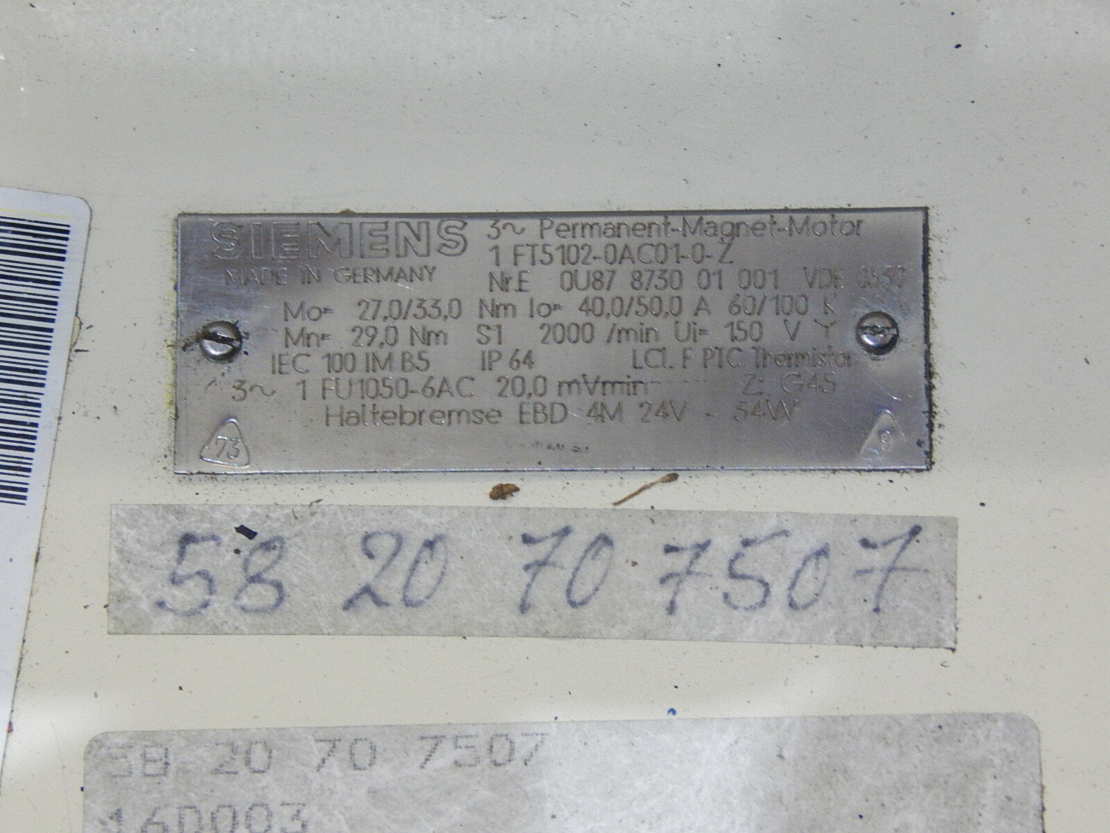 SIEMENS 3~Permanent-Magnet-Motor 1FT5102-0AC01-0-Z Used