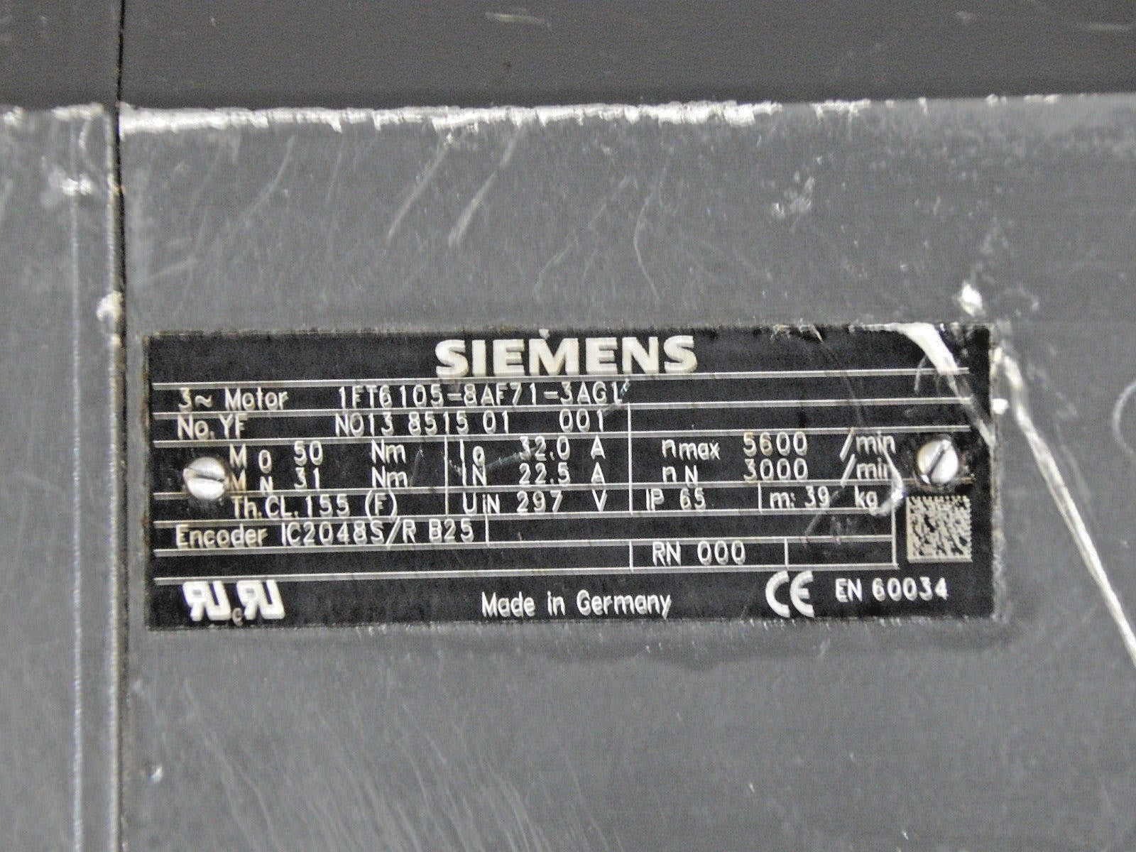 SIEMENS  3~Motor  1FT6105-8AF71-3AG1  Used 