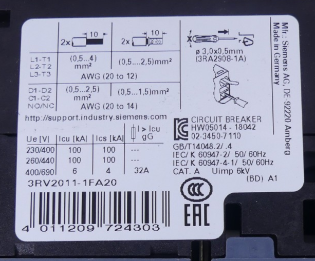 Siemens Sirius 3RV2011-1FA20 Leistungsschalter