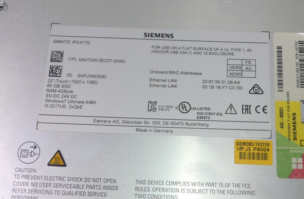 Siemens Simatic IPC477D 6AV7240-3EC07-0HA0