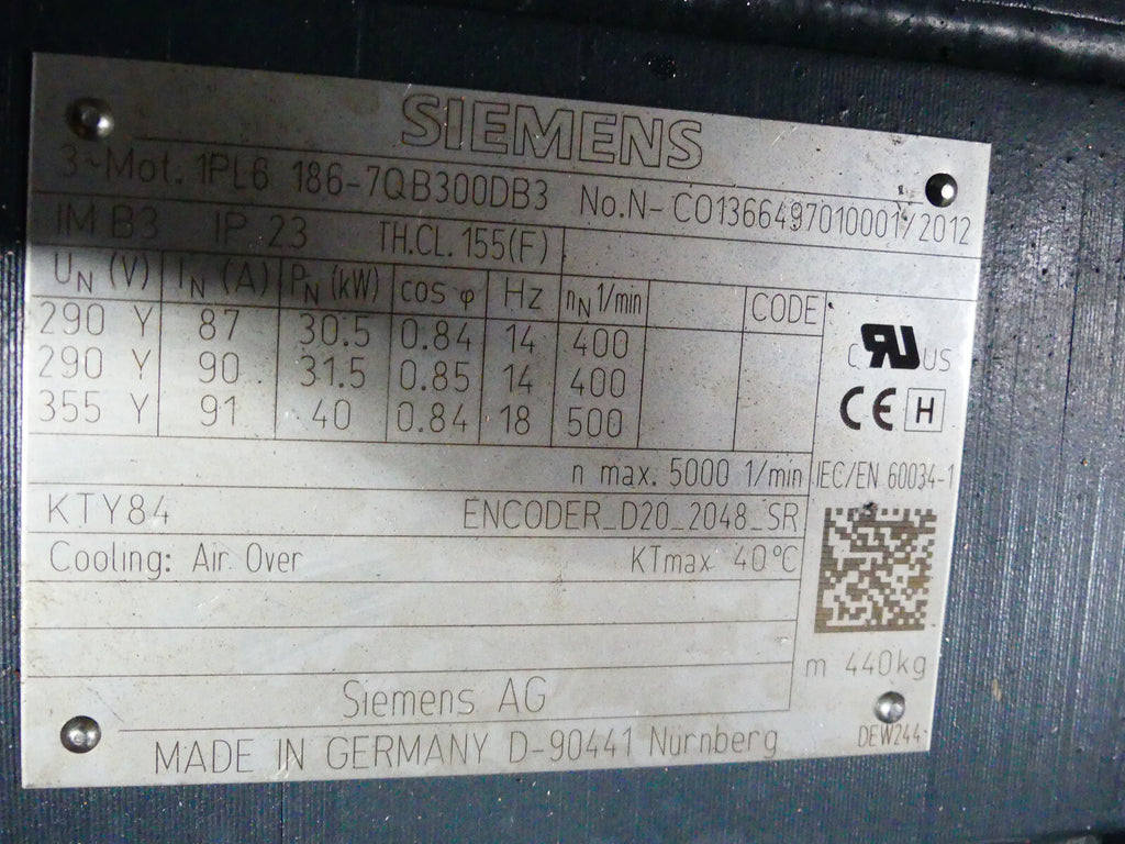 Siemens 1PL6 186-7QB300DB3 Servomotor 40kW 91A 5000rpm +Encoder +Lüfter s.Bilder
