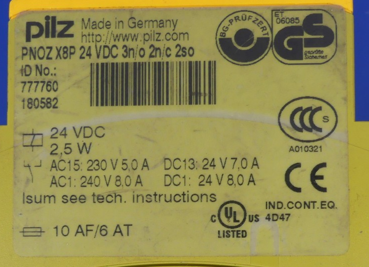 Pilz PNOZ X8P 24VDC 3n/o 2n/c2so 777760180582