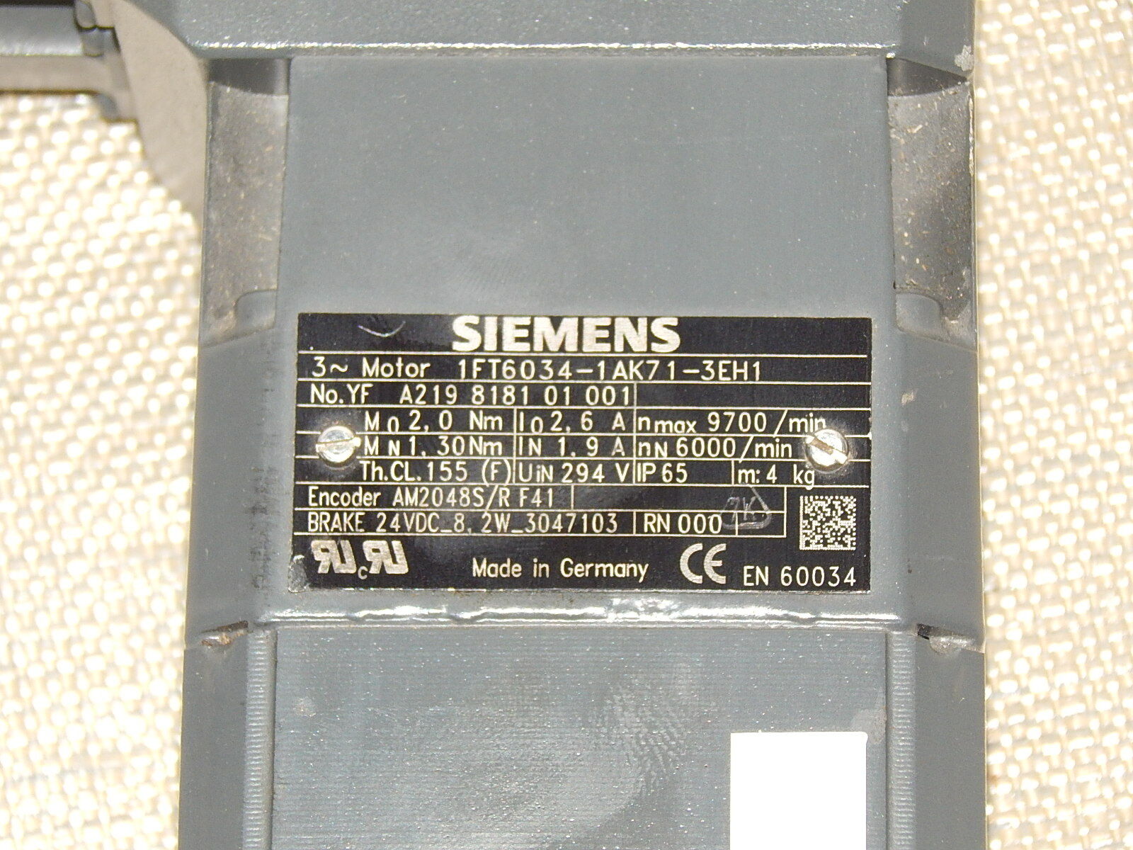 Siemens 1FT6034-1AK71-3EH1 Servomotor  Used